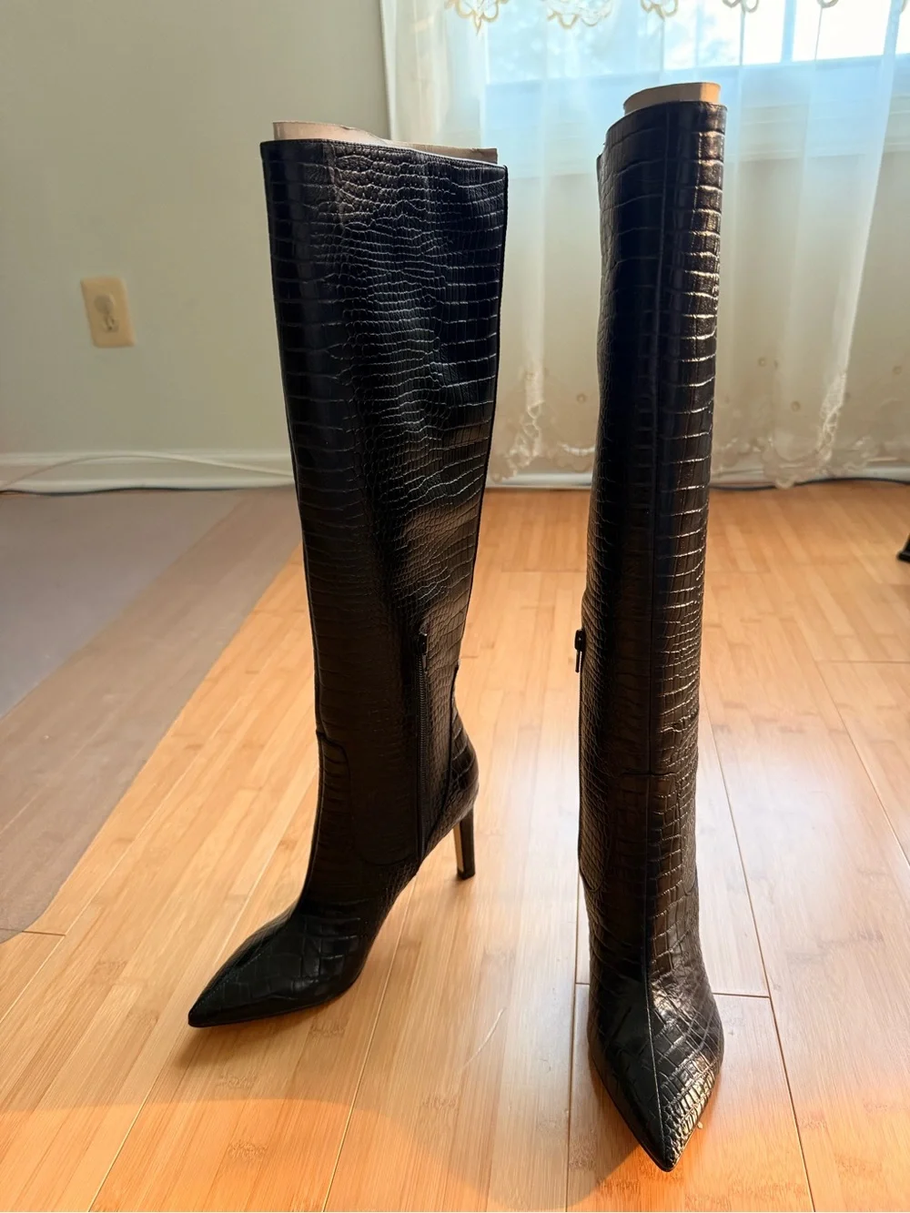 Nine West - Maxim - Croc-Embossed Knee High Boots - Black - Size 7